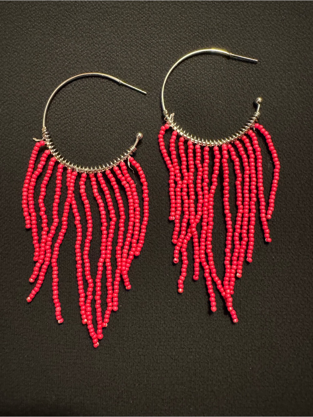 Handmade Red Beaded Fringe Hoop Earrings